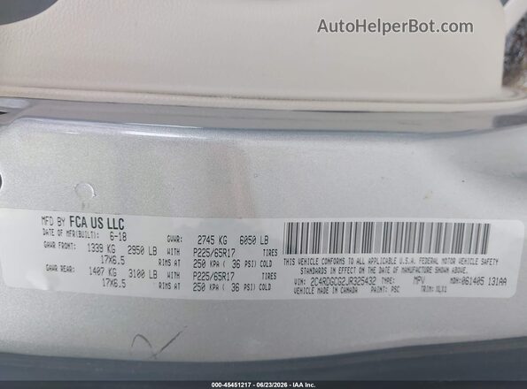 2C4RDGCG2JR325432 2018 DODGE GRAND CARAVAN Silver ძრავის განყოფილების ხედი