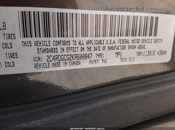 2C4RDGCG2KR600847 2019 DODGE GRAND CARAVAN Black Engine compartment view