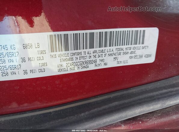 2C4RDGCG2KR699248 2019 DODGE GRAND CARAVAN Maroon Շարժիչի բաժամունքի տեսք