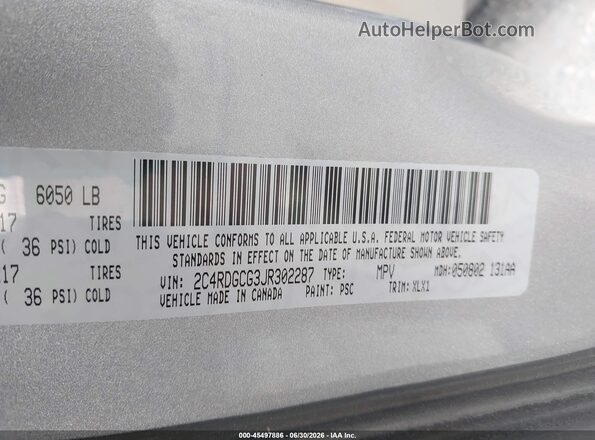 2C4RDGCG3JR302287 2018 DODGE GRAND CARAVAN Silver Вид підкапотного простору