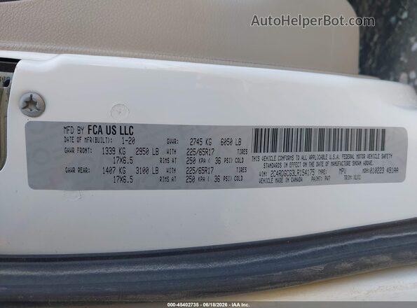 2C4RDGCG3LR154175 2020 DODGE GRAND CARAVAN White ძრავის განყოფილების ხედი
