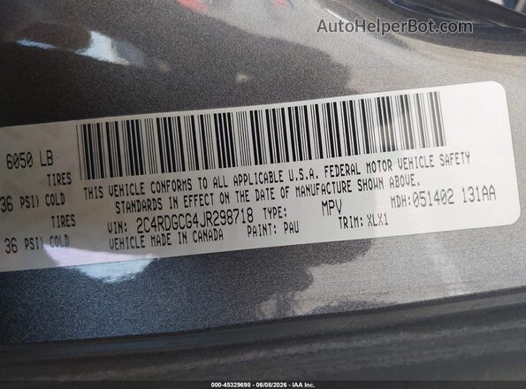 2C4RDGCG4JR298718 2018 DODGE GRAND CARAVAN Gray 