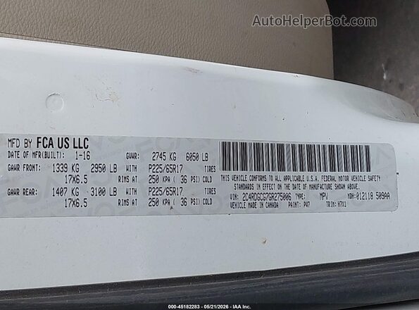 2C4RDGCG7GR275006 2016 DODGE GRAND CARAVAN White 