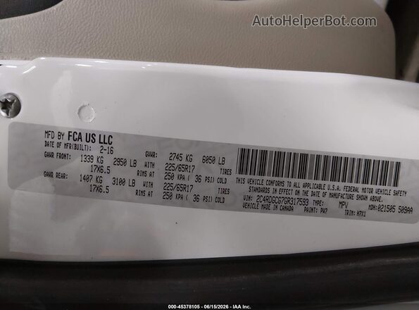 2C4RDGCG7GR317593 2016 DODGE GRAND CARAVAN White Vista del compartimento del motor