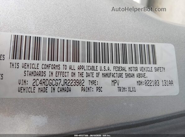 2C4RDGCG7JR223902 2018 DODGE GRAND CARAVAN Silver Շարժիչի բաժամունքի տեսք