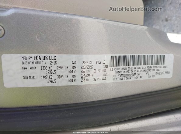 2C4RDGCG8GR323452 2016 DODGE GRAND CARAVAN Silver Շարժիչի բաժամունքի տեսք