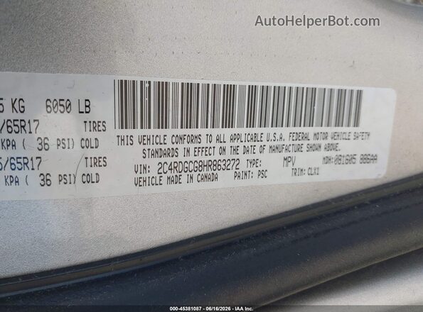 2C4RDGCG8HR863272 2017 DODGE GRAND CARAVAN Silver ძრავის განყოფილების ხედი