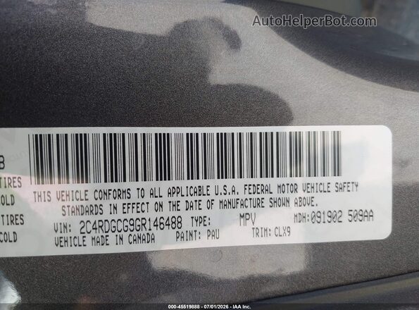 2C4RDGCG9GR146488 2016 DODGE GRAND CARAVAN Gray ძრავის განყოფილების ხედი