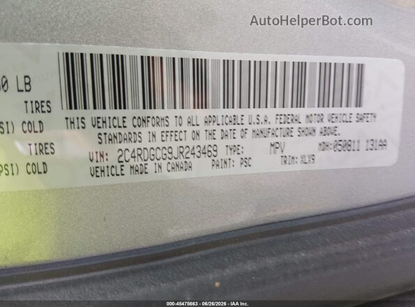 2C4RDGCG9JR243469 2018 DODGE GRAND CARAVAN Silver Vista del compartimento del motor