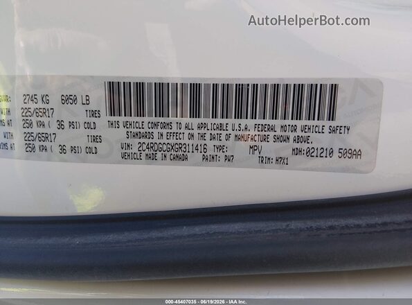 2C4RDGCGXGR311416 2016 DODGE GRAND CARAVAN White Widok komory silnika