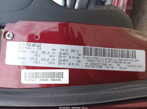 2C4RDGEG7LR179030 2020 DODGE GRAND CARAVAN Maroon Շարժիչի բաժամունքի տեսք