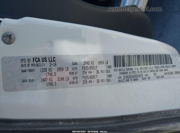 2C4RDGEGXGR324275 2016 DODGE GRAND CARAVAN White Widok komory silnika