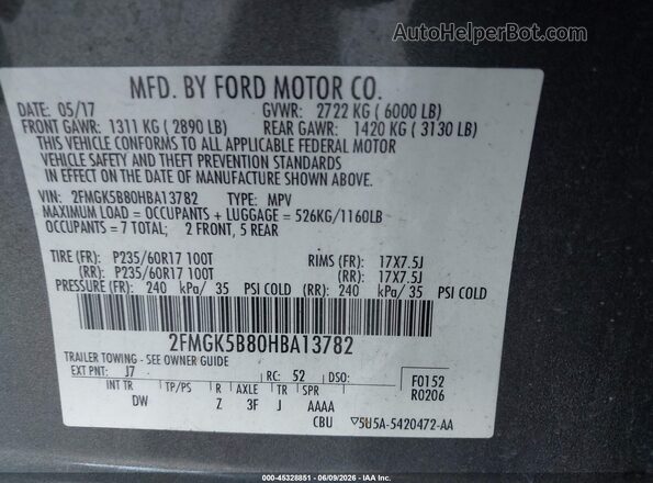 2FMGK5B80HBA13782 2017 FORD FLEX Gray Vista del compartimento del motor