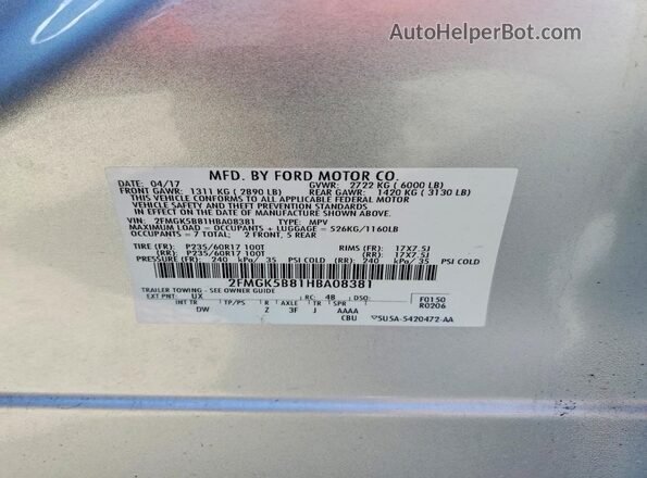 2FMGK5B81HBA08381 2017 FORD FLEX Silver Vista de la etiqueta del VIN