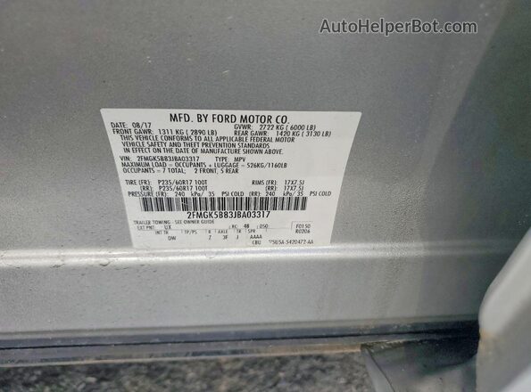 2FMGK5B83JBA03317 2018 FORD FLEX Silver VIN կոդի պիտակի տեսք