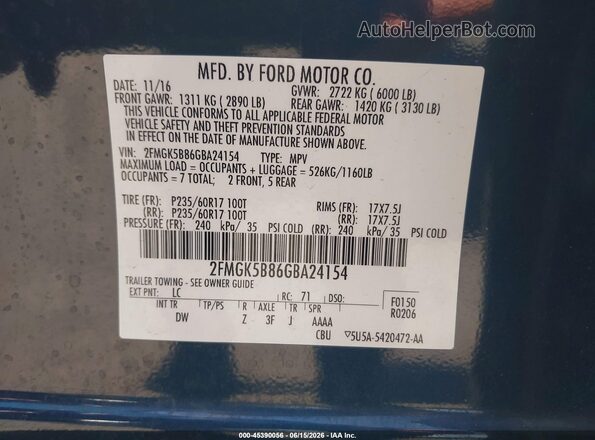 2FMGK5B86GBA24154 2016 FORD FLEX Dark Blue Շարժիչի բաժամունքի տեսք