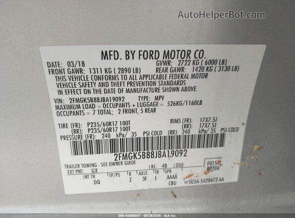 2FMGK5B88JBA19092 2018 FORD FLEX Silver ძრავის განყოფილების ხედი