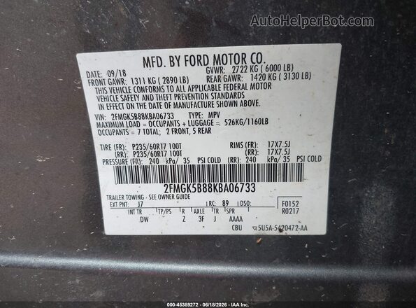 2FMGK5B88KBA06733 2019 FORD FLEX Gray Շարժիչի բաժամունքի տեսք