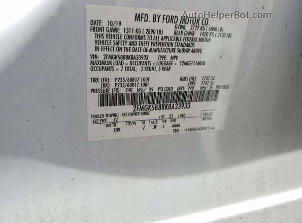 2FMGK5B88KBA33933 2019 FORD FLEX White Вид наклейки з VIN-кодом