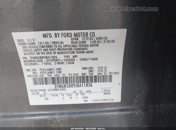 2FMGK5B89JBA11826 2018 FORD FLEX Gray Engine compartment view