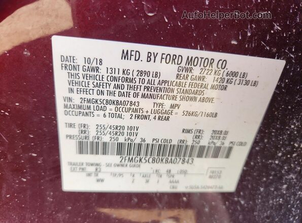 2FMGK5C80KBA07843 2019 FORD FLEX Purple Widok wnętrza 360 stopni