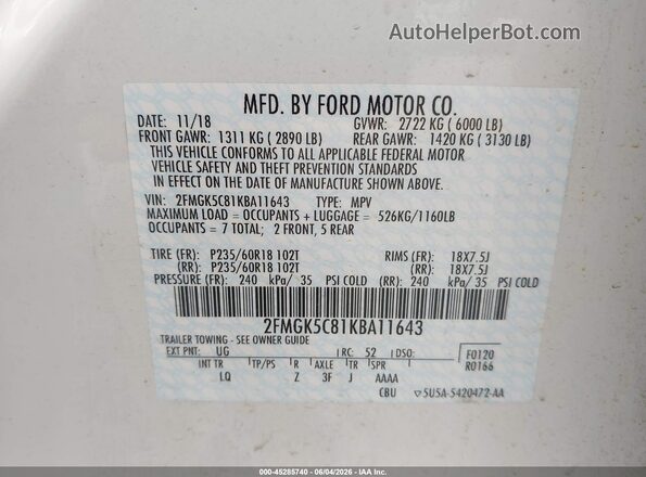 2FMGK5C81KBA11643 2019 FORD FLEX Белый Вид подкапотного пространства