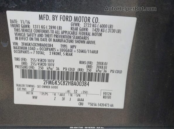 2FMGK5C82HBA00384 2017 FORD FLEX Gray ძრავის განყოფილების ხედი