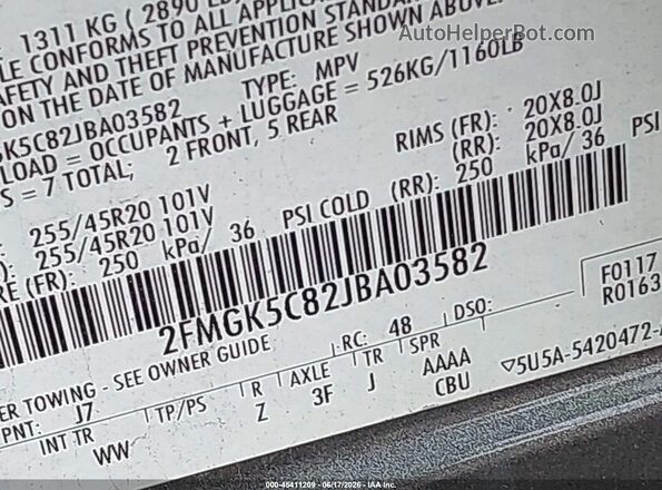 2FMGK5C82JBA03582 2018 FORD FLEX Gray Vista del compartimento del motor
