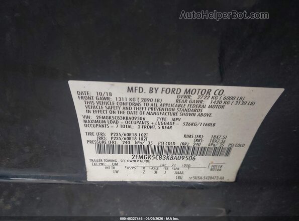 2FMGK5C83KBA09506 2019 FORD FLEX Black ძრავის განყოფილების ხედი