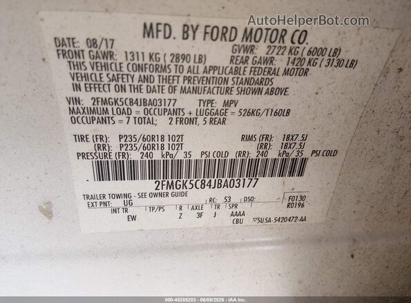 2FMGK5C84JBA03177 2018 FORD FLEX White Շարժիչի բաժամունքի տեսք