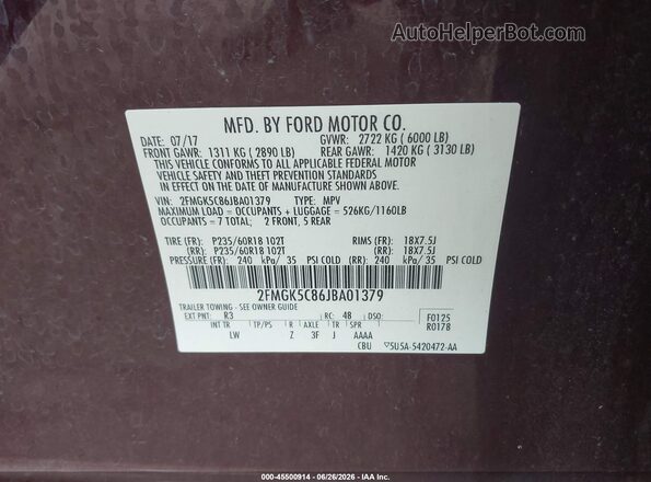 2FMGK5C86JBA01379 2018 FORD FLEX Burgundy Vista del compartimento del motor