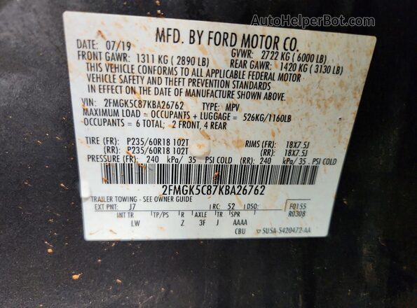 2FMGK5C87KBA26762 2019 FORD FLEX Charcoal Vista de la etiqueta del VIN