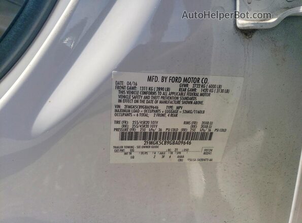 2FMGK5C89GBA09646 2016 FORD FLEX White VIN կոդի պիտակի տեսք