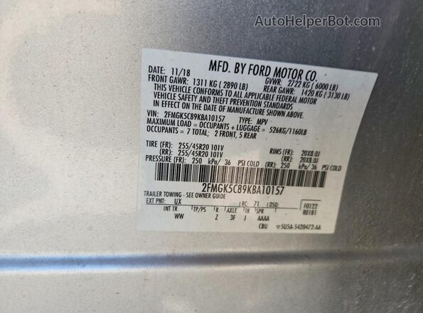 2FMGK5C89KBA10157 2019 FORD FLEX Silver Widok naklejki z numerem VIN