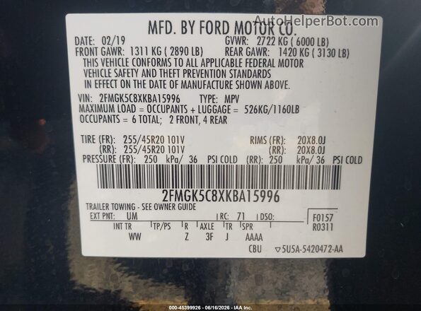 2FMGK5C8XKBA15996 2019 FORD FLEX Black Engine compartment view