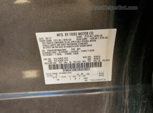 2FMGK5D83JBA03802 2018 FORD FLEX Gray VIN sticker view