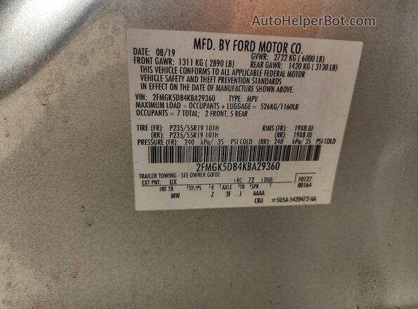 2FMGK5D84KBA29360 2019 FORD FLEX Silver VIN կոդի պիտակի տեսք