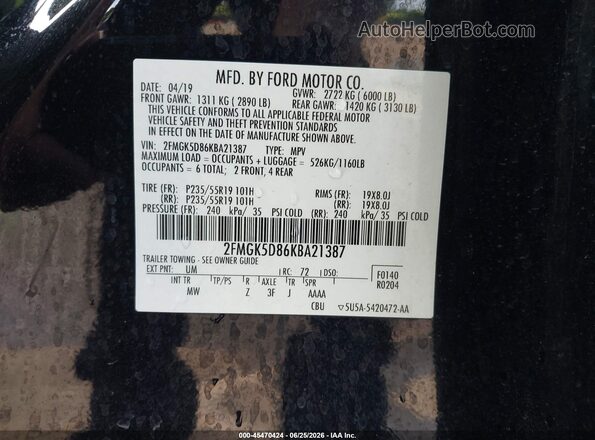 2FMGK5D86KBA21387 2019 FORD FLEX Black Widok komory silnika