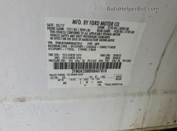 2FMGK5D88HBA07810 2017 FORD FLEX White VIN კოდის სტიკერის ხედი