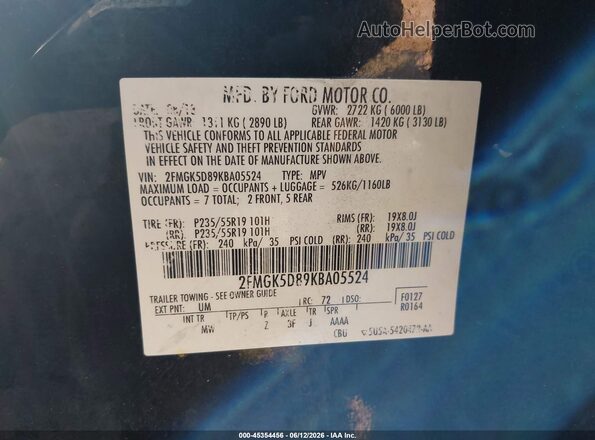 2FMGK5D89KBA05524 2019 FORD FLEX Black Вид підкапотного простору