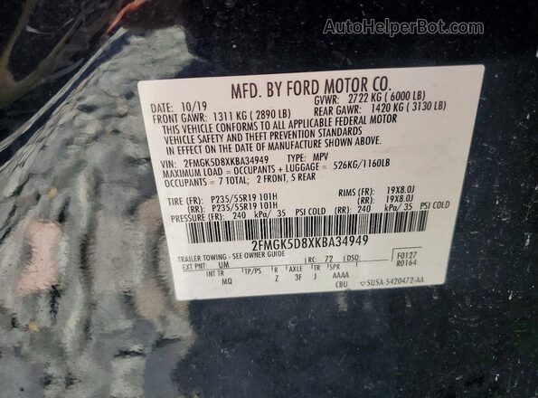 2FMGK5D8XKBA34949 2019 FORD FLEX Black Вид наклейки з VIN-кодом