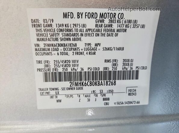 2FMHK6C80KBA18268 2019 FORD FLEX Silver Vista de la etiqueta del VIN