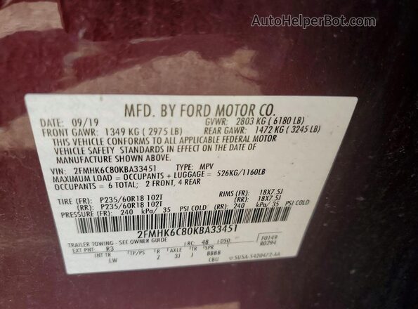 2FMHK6C80KBA33451 2019 FORD FLEX Maroon VIN კოდის სტიკერის ხედი