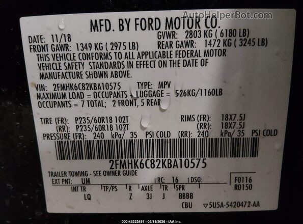2FMHK6C82KBA10575 2019 FORD FLEX Black ძრავის განყოფილების ხედი