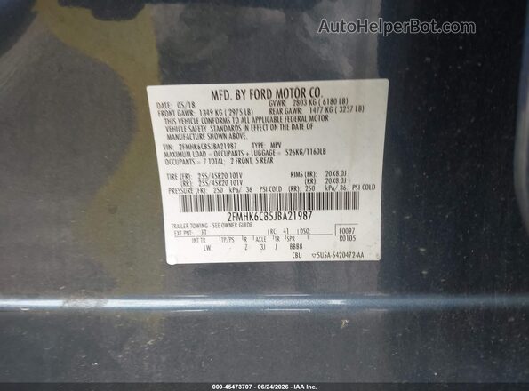 2FMHK6C85JBA21987 2018 FORD FLEX Синий Вид подкапотного пространства