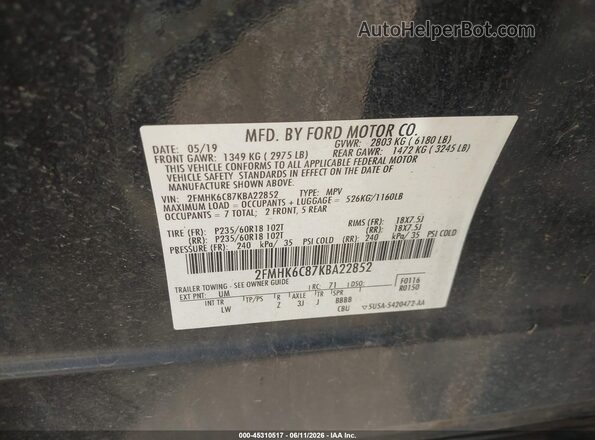 2FMHK6C87KBA22852 2019 FORD FLEX Black Вид підкапотного простору