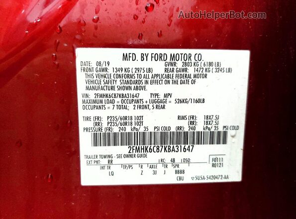 2FMHK6C87KBA31647 2019 FORD FLEX Red Вид наклейки з VIN-кодом