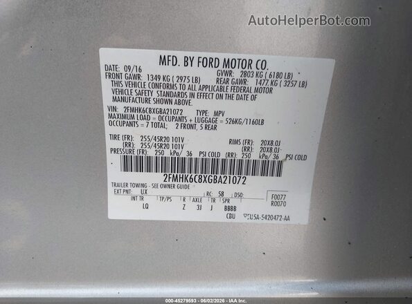 2FMHK6C8XGBA21072 2016 FORD FLEX Silver Vista del compartimento del motor