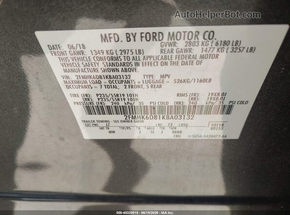 2FMHK6D81KBA03132 2019 FORD FLEX Gray ძრავის განყოფილების ხედი