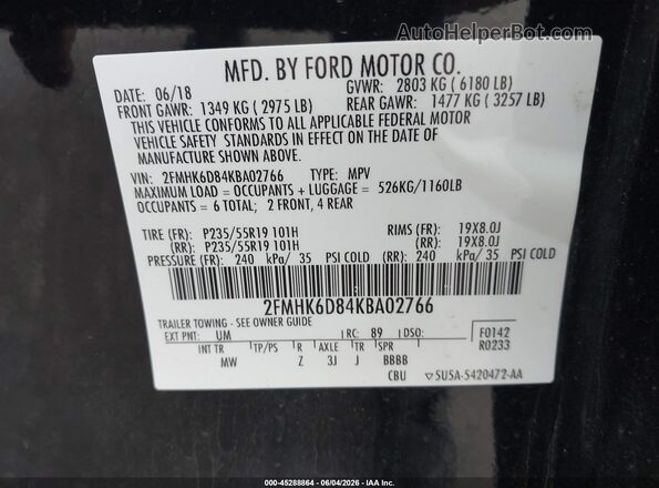 2FMHK6D84KBA02766 2019 FORD FLEX Black Widok komory silnika